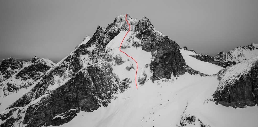 The standard south face line followed by Eric Gilbertson and Nick Roy during their January ascent of Redoubt, the second overall winter ascent of the peak. 