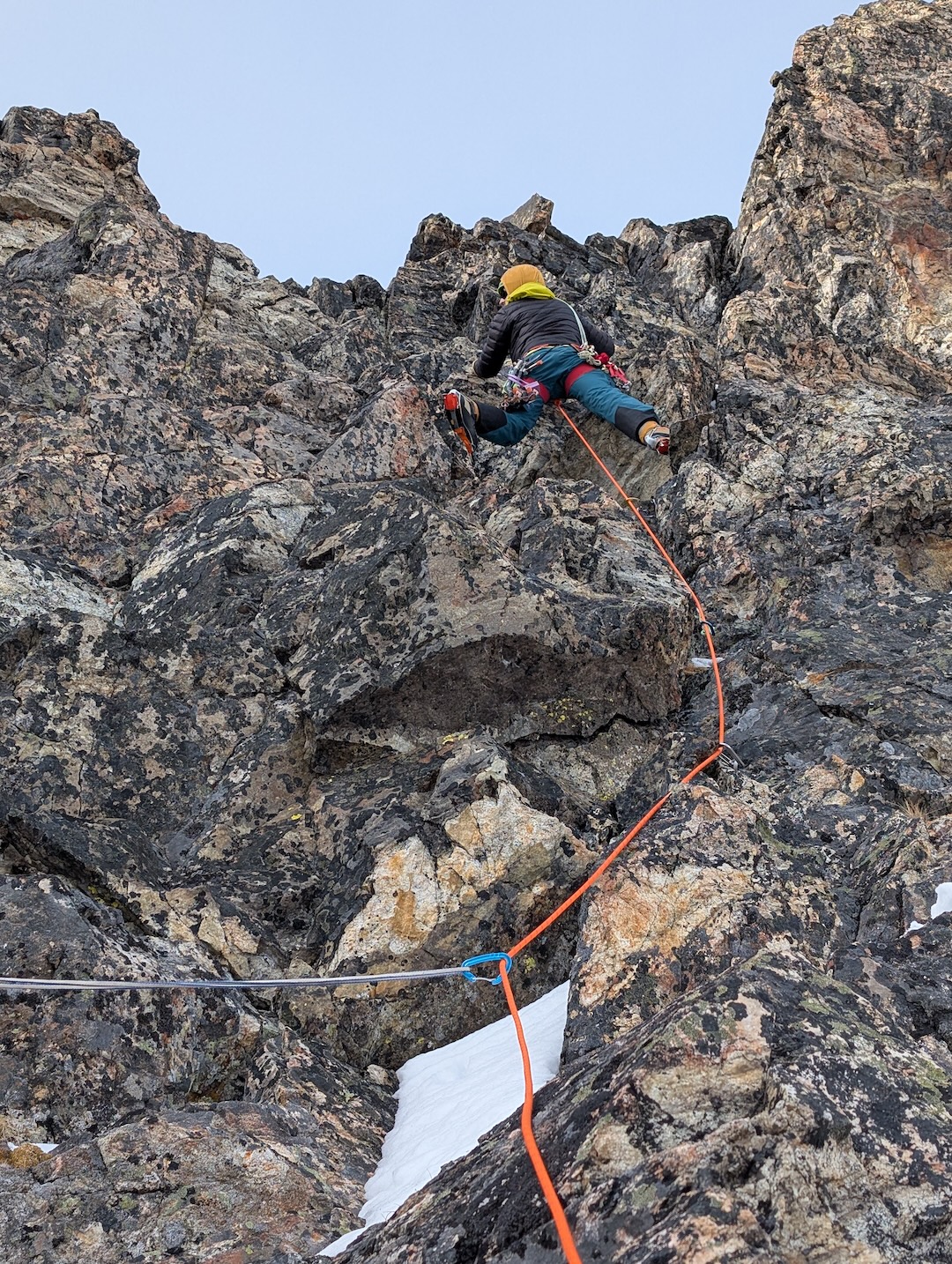 Nick Roy leading the M3 crux just below the summit of Easy Mox during the first winter ascent with Eric Gilberton. 