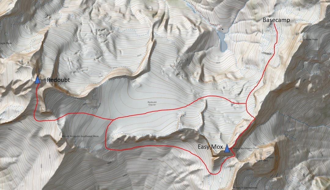 Map showing the routes climbed for the winter ascents of Easy Mox and Redoubt in the Skagit Range. 