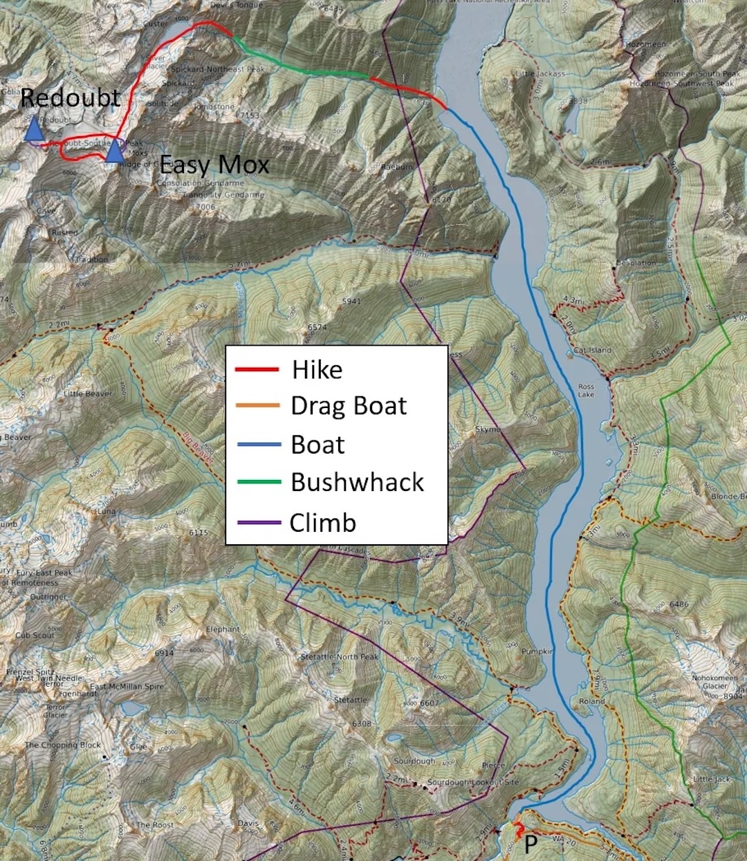 Map showing the approach to the Skagit Range for winter ascents of Easy Mox and Redoubt in January 2025. . 