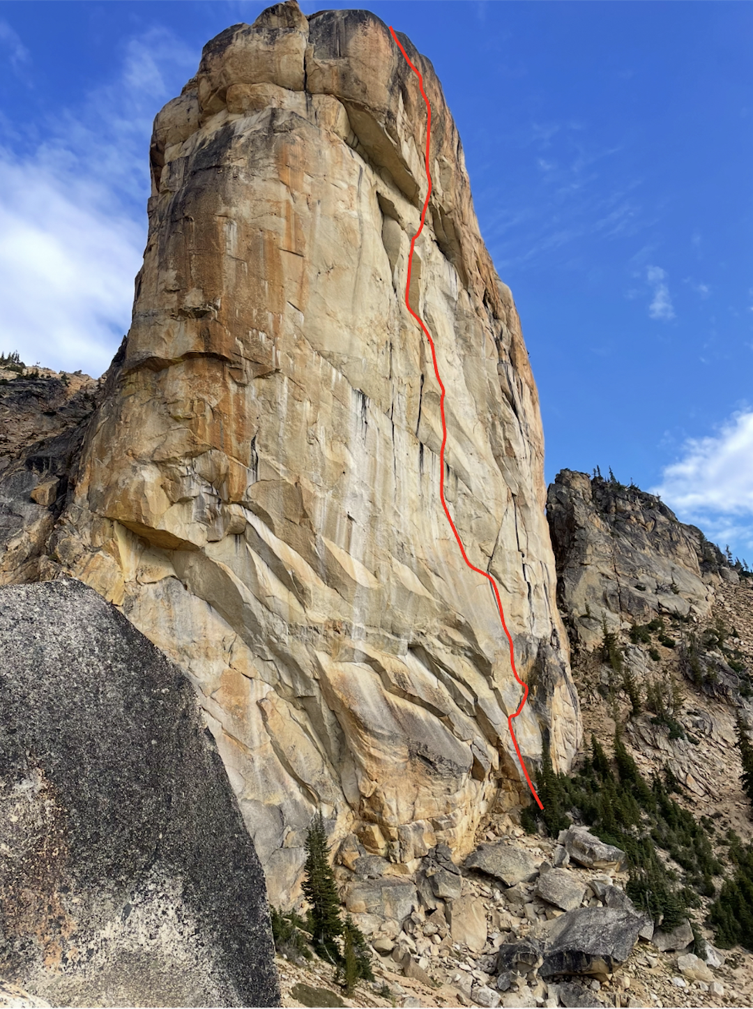 Mother of Exiles (660’, 7 pitches, IV 5.8 A3+), the first ascent of the southeast face of the Mushroom, near Washington Pass. 