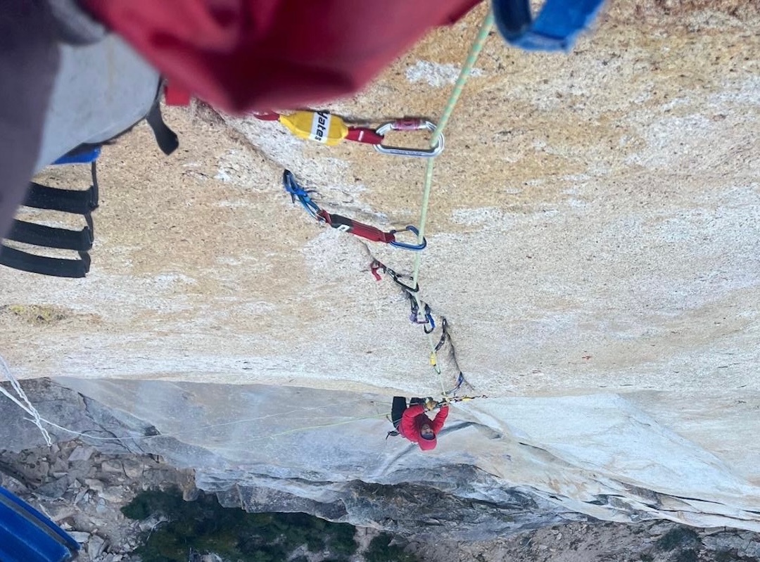 Mark Allen cleaning pitch five (A2) of Mother of Exiles (660’, 7 pitches, IV 5.8 A3).
