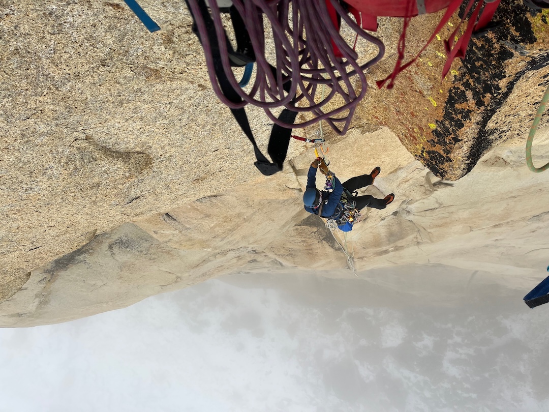 Mark Allen floating in space while cleaning pitch six (A3+) of Mother of Exiles. The A3+ rating comes from a ledge below a series of marginal placements. 