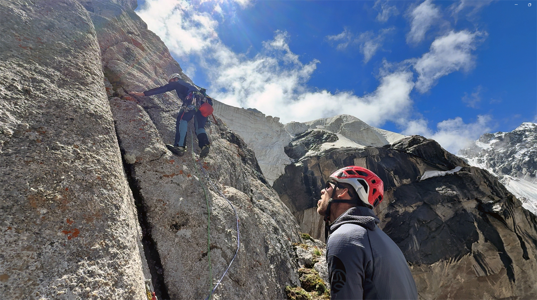 Pitch two on the lower northwest face of Hidden Tower. To the right is a giant serac barrier that this route avoids. 