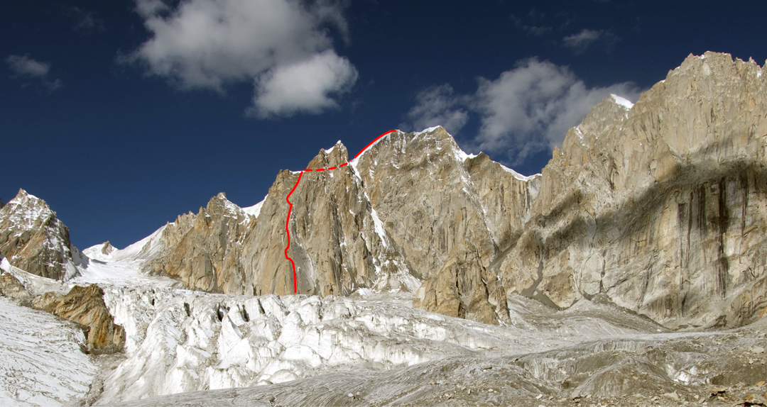 The east face of Hasho Peak II (6,080m), above the West Lachit Glacier. The 2025 route is marked. From the summit, the climbers descended the left skyline all the way to the snow col at the base, then back down the glacier facing the camera.  