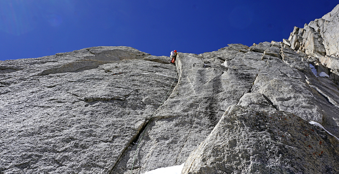 Genki Narumi leading one of the best pitches of the route on day two of the first ascent of the east pillar of Hasho Peak II. 