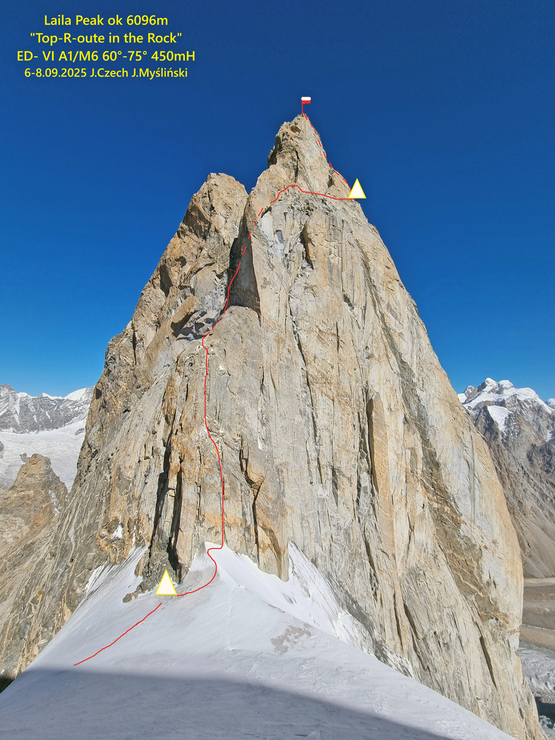 The southeast face of Laila Peak, seen from the col separating it from Laila’s Little Sister. The 2025 route and camps are marked.