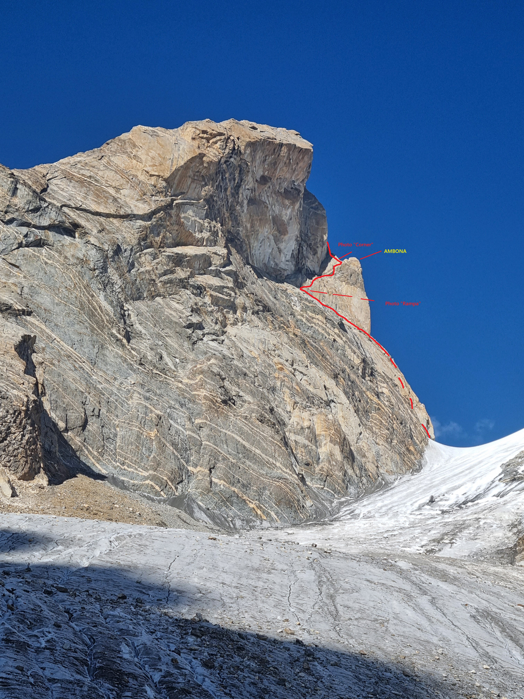 The south face of Laila Peak seen from high in the broad approach couloir. Part of the 2025 Polish route is marked. Ambona is Polish for Pulpit.