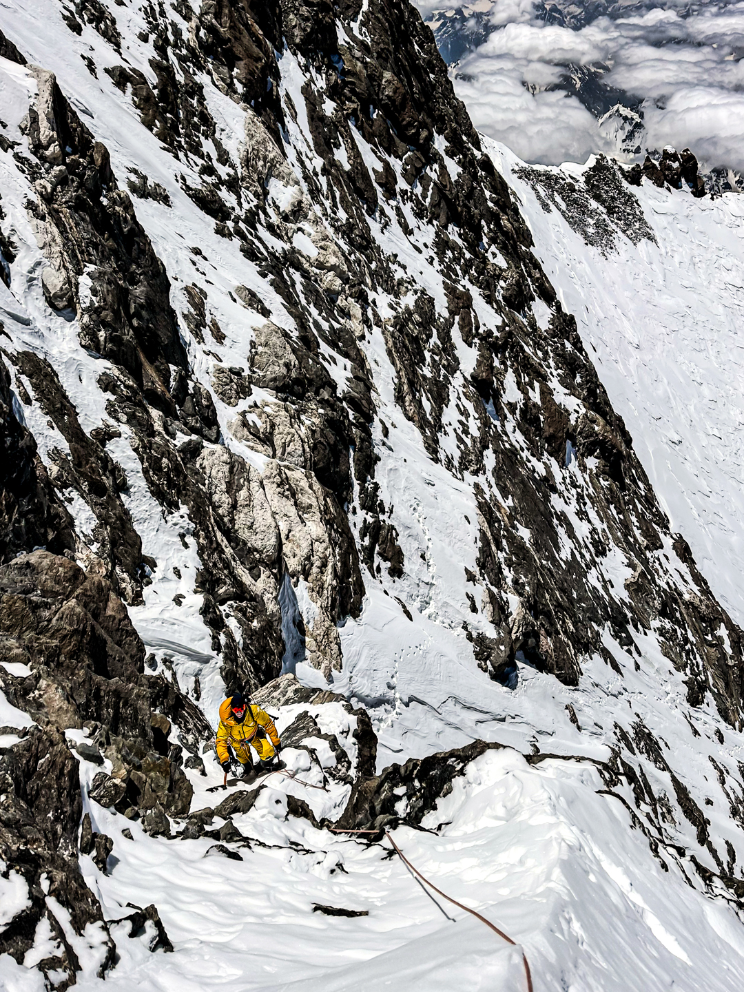 Tiphaine Duperier climbing through mixed ground on the first alpine-style ascent of the Schell Route on Nanga Parbat.  