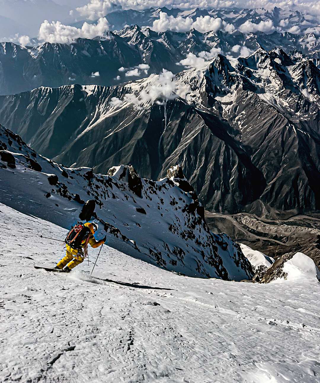 Tiphaine Duperier skis toward the 6,000-meter camp on the Schell Route during the first ski descent from the summit of Nanga Parbat. 