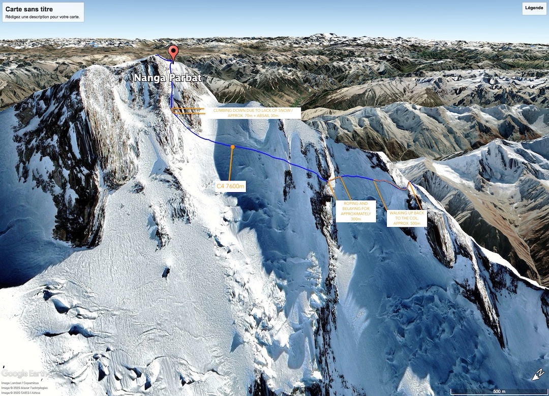 Annotated image of the route followed during the first ski descent from the summit of Nanga Parbat. 
