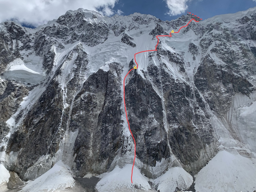 The northwest face of Tumladen Sar (Peak 48, 6,232m), and bivouac sites, seen from the First West Virjerab Glacier. Peak 49 (6,315m) is to the left. 