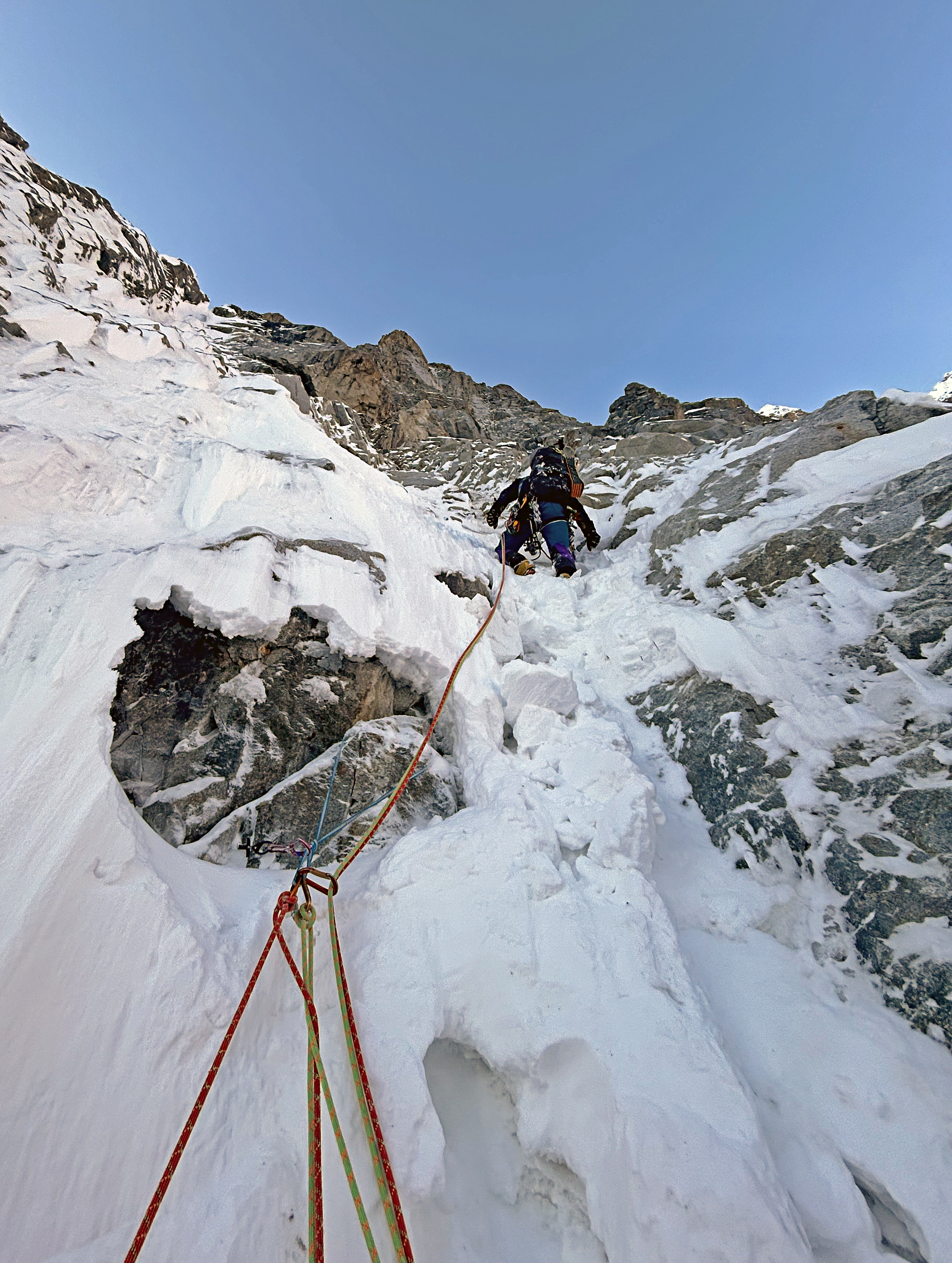Early morning in the lower couloir on the northwest face of Tumladen Sar. 