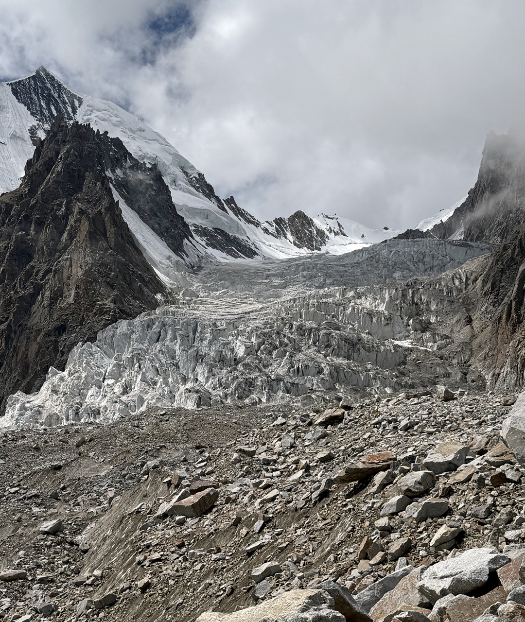Looking west up the broken glacier used during the descent from Tumladen Sar. 