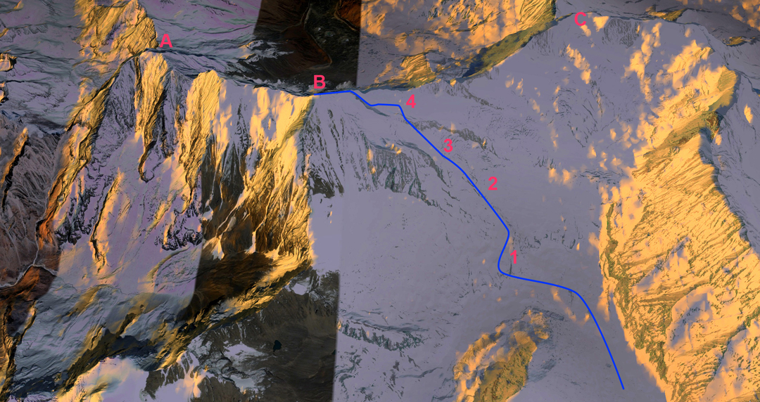 (A) Bijora Hiunchuli (6,111m), (B) Kasi Dalpha (6,386m), and (C) Palta Thumba (6,126m). The route of the 1974 Japanese expedition that climbed Kasi Dalpha is shown, with Camps 1, 2, 3, and 4 marked. 