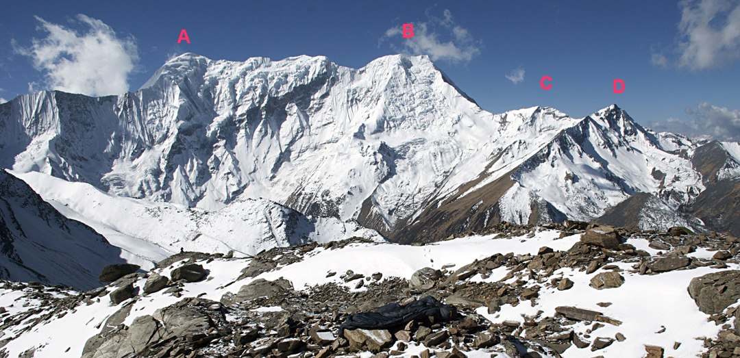 Seen from the northwest: (A) Kasi Dalpha (6,386m, climbed in 1974 from the opposite side), (B) Bijora Hiunchuli (6,111m), (C) Strate Himal (5,323m, climbed in 2013), and (D) Peak 5,287m. 