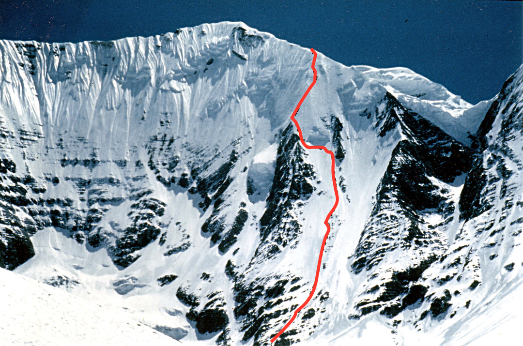 The 1991 French-Spanish route up the northwest face to an exit onto the southwest ridge, from which they traversed to the south ridge and descended. The subsidiary south top reached in 2016 is the shoulder visible behind and to the right of the exit. 