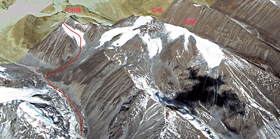 Looking northwest over the Chhuama Group, which is seen in a much drier condition than at the time of the Korean expedition. The route via the east face to the subsummit of Chhuama III (CHIII) is marked. CHI and CHII refer to Chhuama I and II. Chhuama IV is the smaller rocky summit between III and I. 