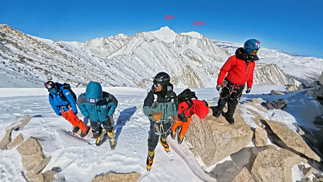 On the southeasterly top of Chhuama III. Behind and to the northeast are (CHI) Chhuama I, 6,366 meters, and (CHII) Chhuama II, 6,325 meters. 