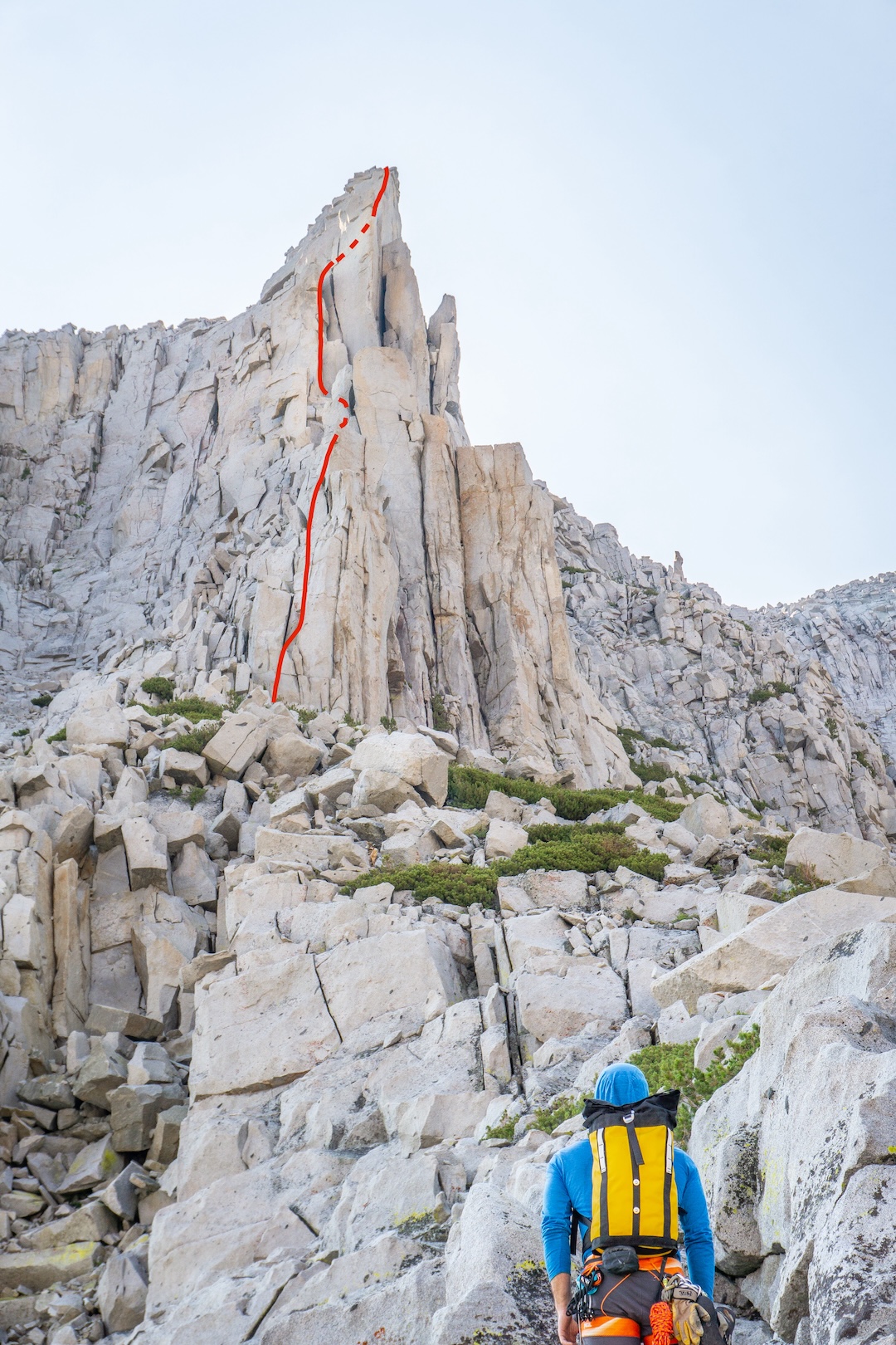 Overview of The Crockerdile Tooth (800’, 8 pitches, 5.10d) on the west pillar of Mt. Crocker. 