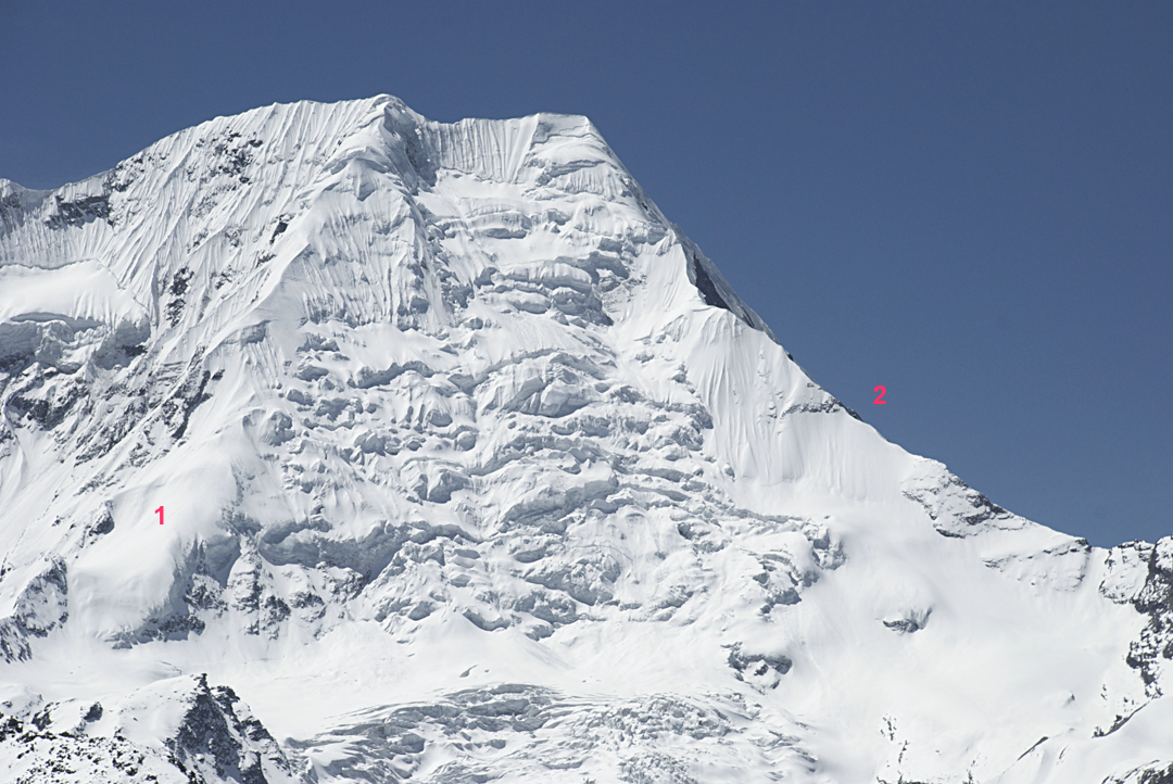 Bijora Hiunchuli from the north in 2009. (1) The northeast ridge leads directly to the summit. (2) The unclimbed north-northwest ridge, attempted on several occasions in the past. 