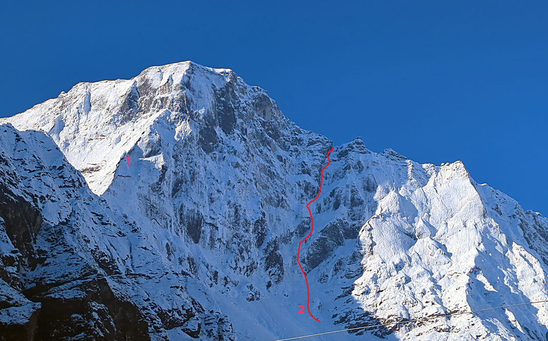 The north side of Kwangde Nup (6,035m). (1) The north pillar, climbed in 1989 by Alex Lowe and Steve Swenson, who angled left to finish; a direct finish through the rock band was climbed in 2001. (2) Slovo od Mladosti (2025), the first route up the northwest face, climbed as far as the west ridge.