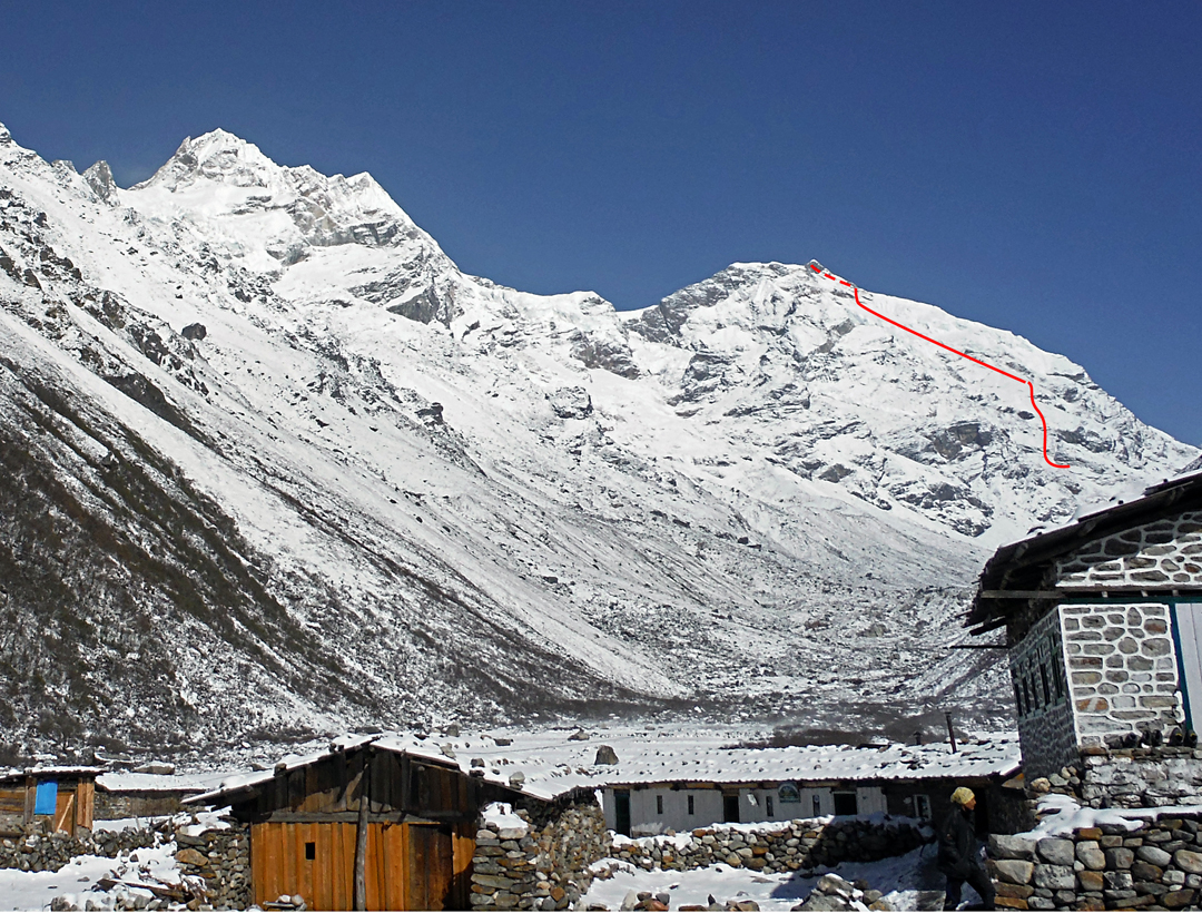 The northern part of the Sharphu chain from the village of Kambachen. On the left are Sharphu I and II. To the right is Sharphu VI (6,076m), with the 2025 first ascent shown. See also a photo in AAJ 2025. 