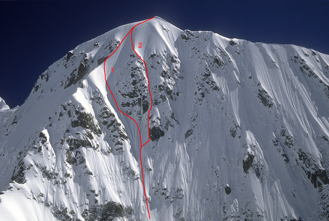 The northwest face of Shershon (6,432m) in snowy conditions with (1) the 1989 British route and (2) the autumn 2025 ascent. 