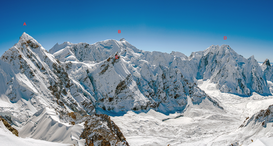 A view from the northwest of (A) Peak 6,506m, (B) Lachama Chuli (6,721m), (C) Changla Khang West (6,233m; the southwest ridge, climbed in 2025, is seen in profile, dropping to the right from the summit), and (D) Gave Ding (6,521m). 