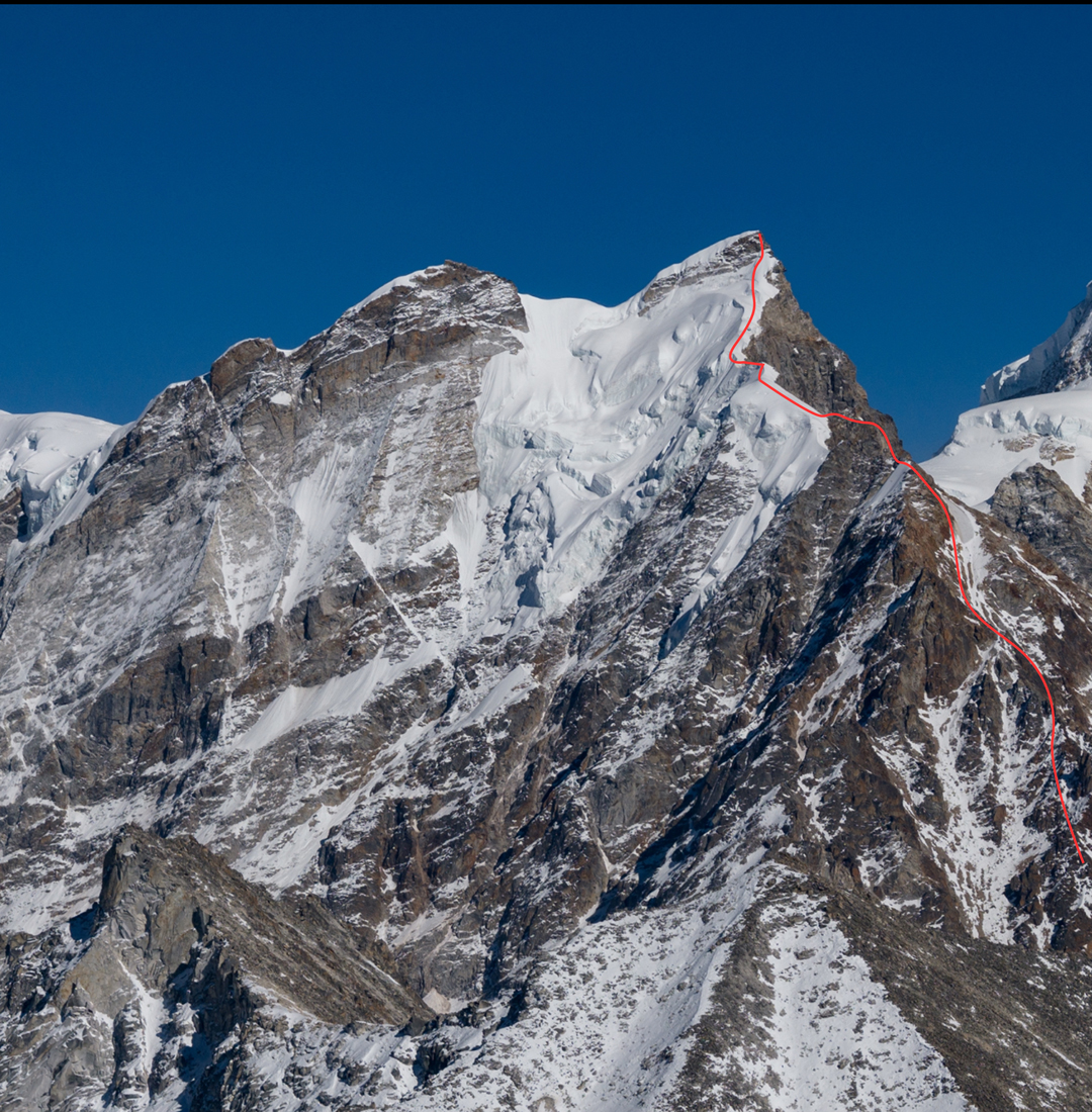 The southwest ridge of Changla Khang West (6,233m), climbed from the Lachama Glacier. 