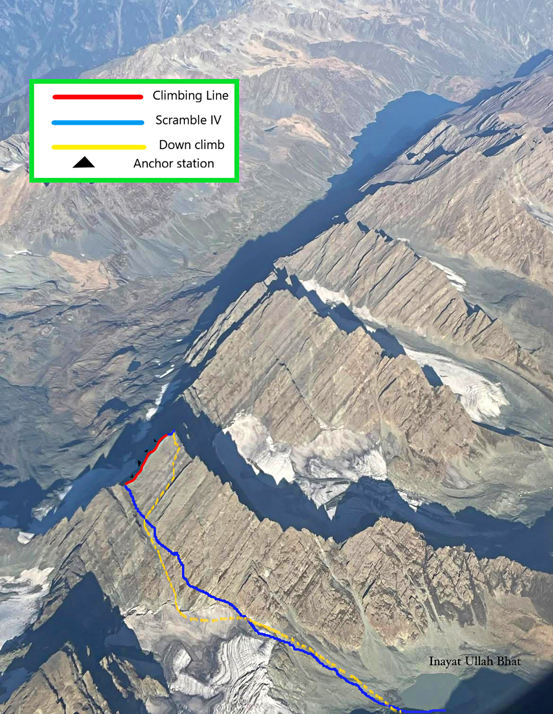 Cathedral Dome (Brahma Satli Central) with the route followed up the east face and southeast ridge in 2025. The next peak to the west is Brahma Satli West. 
