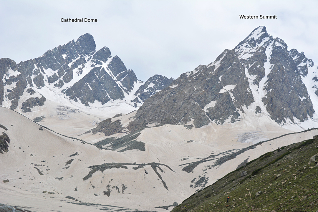 The central and west peaks of Brahma Satli seen from the Konsar Nag Valley to the north. The 2025 ascent of Brahma Satli Central (a.k.a. Cathedral Dome) was from the opposite side of the mountain.