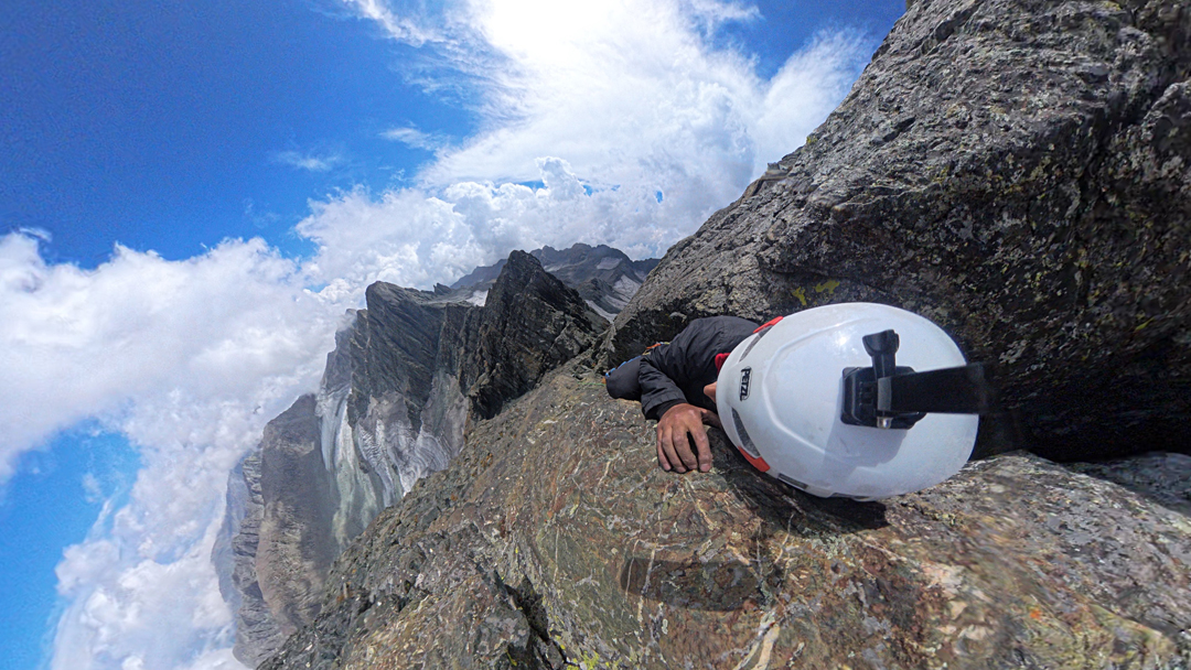 Inayat Ullah Bhat in the difficult narrow chimney low on the southeast ridge of Cathedral Dome. 