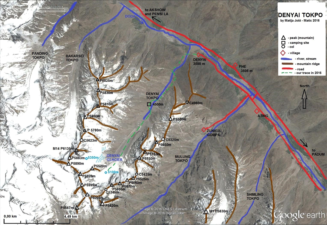 Matic Jošt’s map of peaks surrounding the Denyai Tokpo, made after an exploratory trip in 2016.