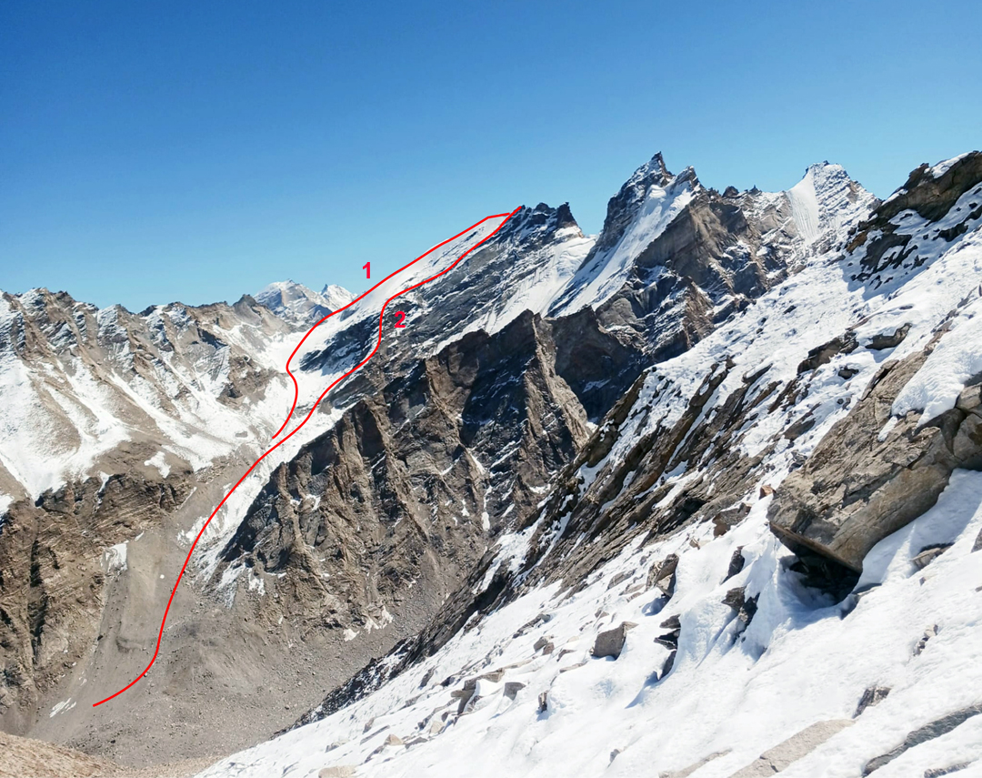 The two 2025 routes to the summit of Nochung Ri: (1) Committed to the Cause (Dutch route up north face and northeast ridge), and (2) Lymca Dahl (Spanish route on the north face). To the right are the twin summits of Chorten Rigib. 