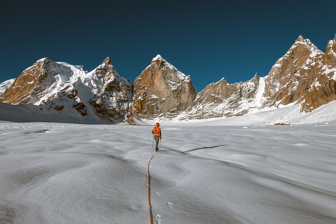 Unclimbed peaks at the head of the west branch of the Denyai Tokpo. The summits are approximately 5,800 meters to 6,100 meters. 
