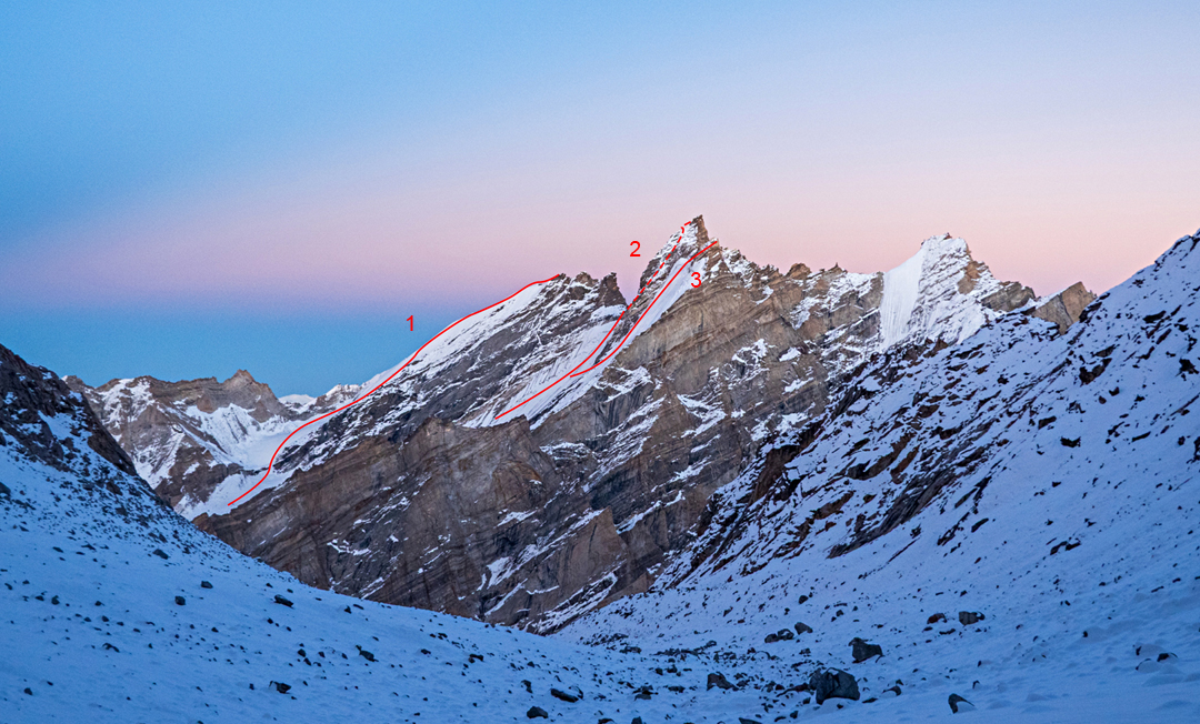 Seen to the southeast from a camp in the Rejam Ri basin: (1) Committed to the Cause to the summit of Nochung Ri, (2) Chorten Rigib East attempt, and (3) Julley Broer to the summit of Chorten Rigib West.