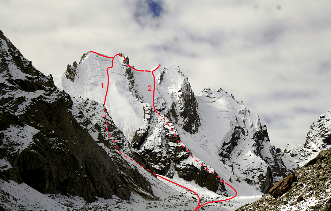 The Chotzangma summits (ca 5,800m) seen from the north. (1) Snow Symphony, which reached the Central and East summits. (2) Tak Sham, which reached the West summit. The Tak Sham party traversed to the central and east summits before descending route by Snow Symphony (route 1).