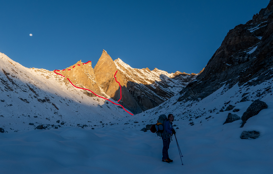 Rejam Ri (ca 5,600m) is the peak on the left, climbed by the left (east) ridge. On the right is a “Badile-like” summit attempted to half height by the northeast face. 