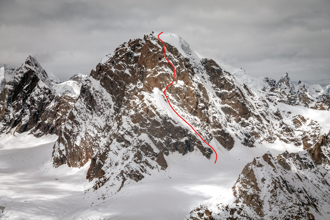 Khang Chan Chenmo (6,135m) and the route of the first ascent, Wish You Were Here, on the northeast face and southeast face. 