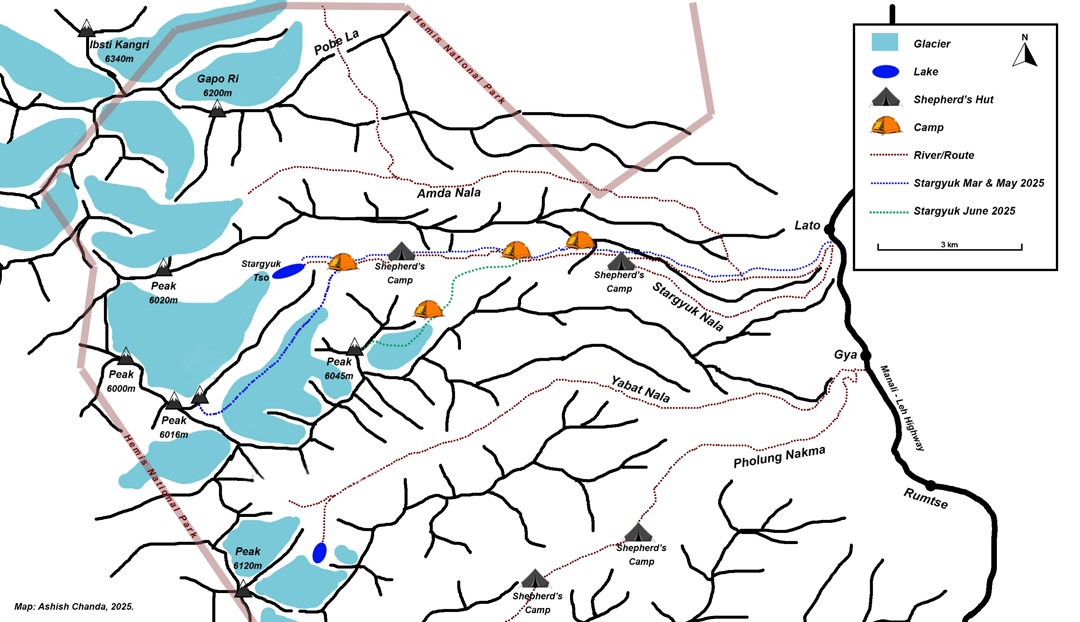 Map of areas explored in the Stargyuk Valley during two trips in 2025. 