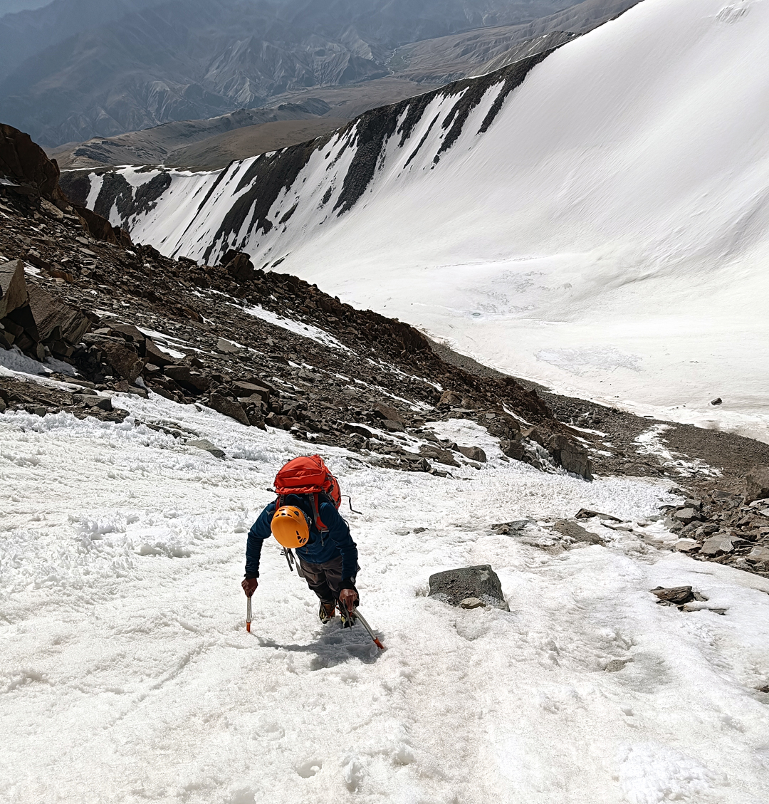 Anindya Mukherjee in the couloir on the south face of Peak 6,045m during the first ascent. 