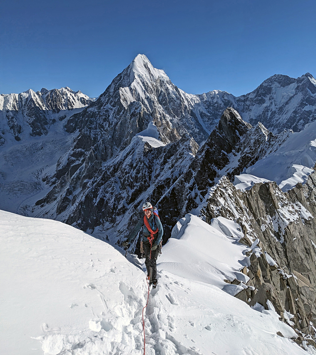 On the northeast ridge of Munocho Chhok, with Sani Pakush (6,885m) behind and Beka Brakai Chhok (6,882m) at far right. 