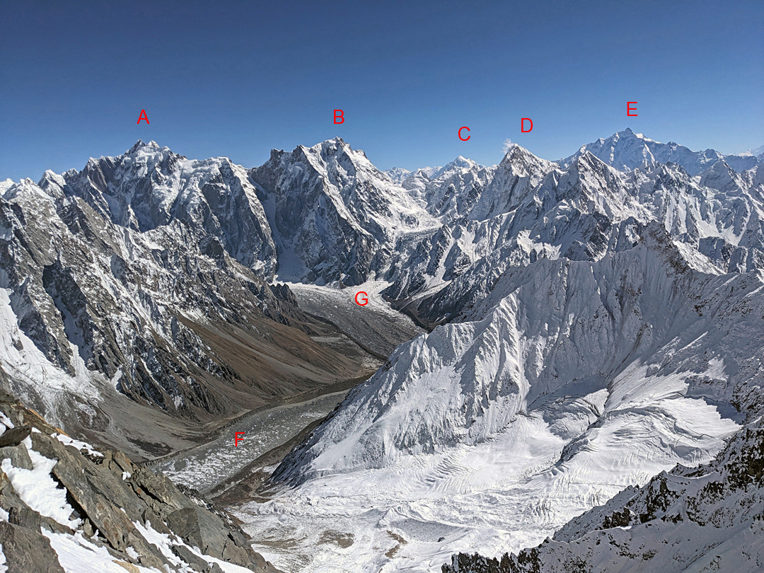 Looking southeast from the flanks of Munocho Chhok at (A) Hachindar Chhish (6,870m), (B) Aikache Chhok (6,673m), (C) Diran (7,266m), (D) Karim Sar (6,180m), (E) Rakaposhi (7,788m), F) the Toltar Glacier, and (G) the Baltar Glacier. 