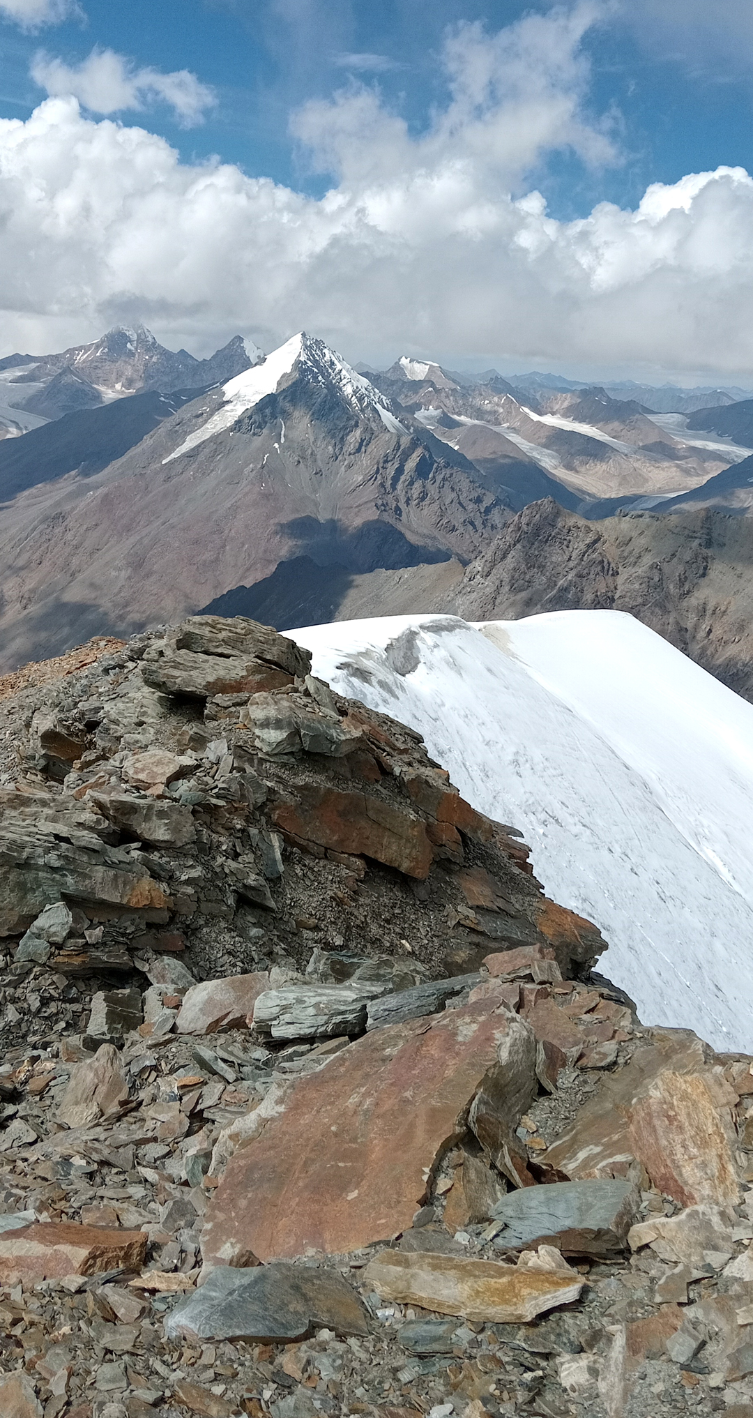 From near the summit of Peak 5,970m, looking northeast at the Shingo Peaks. 