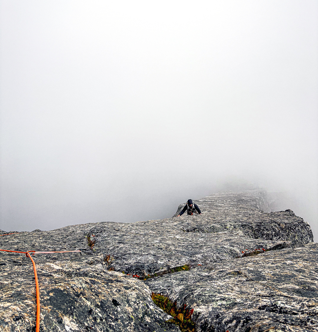Climbing the upper arête of Etta on Temptation Tower.  
