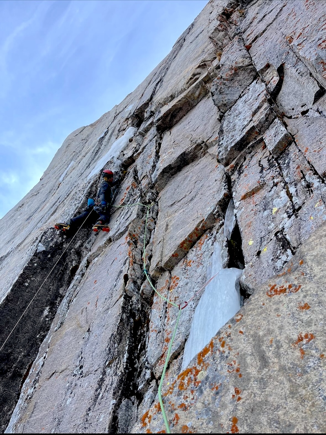Dane Steadman on the crux pitch of Wobbly Baknn Strips on Longs Peak. 
