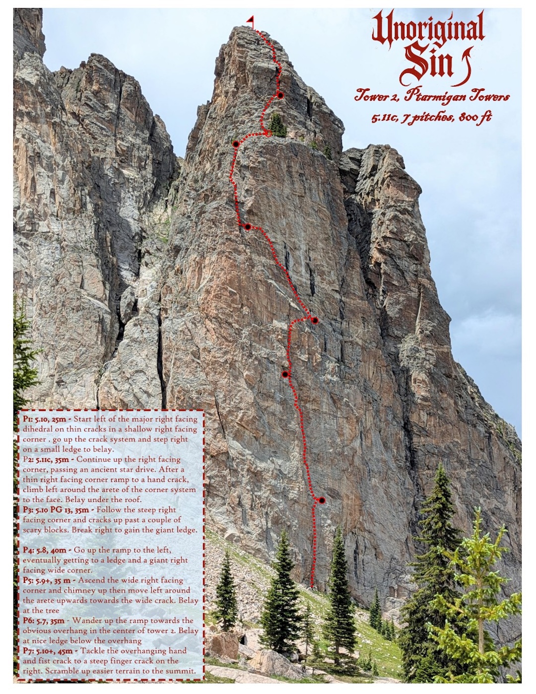 Photo-topo of Unoriginal Sin on Tower 2 of the Ptarmigan Towers. 