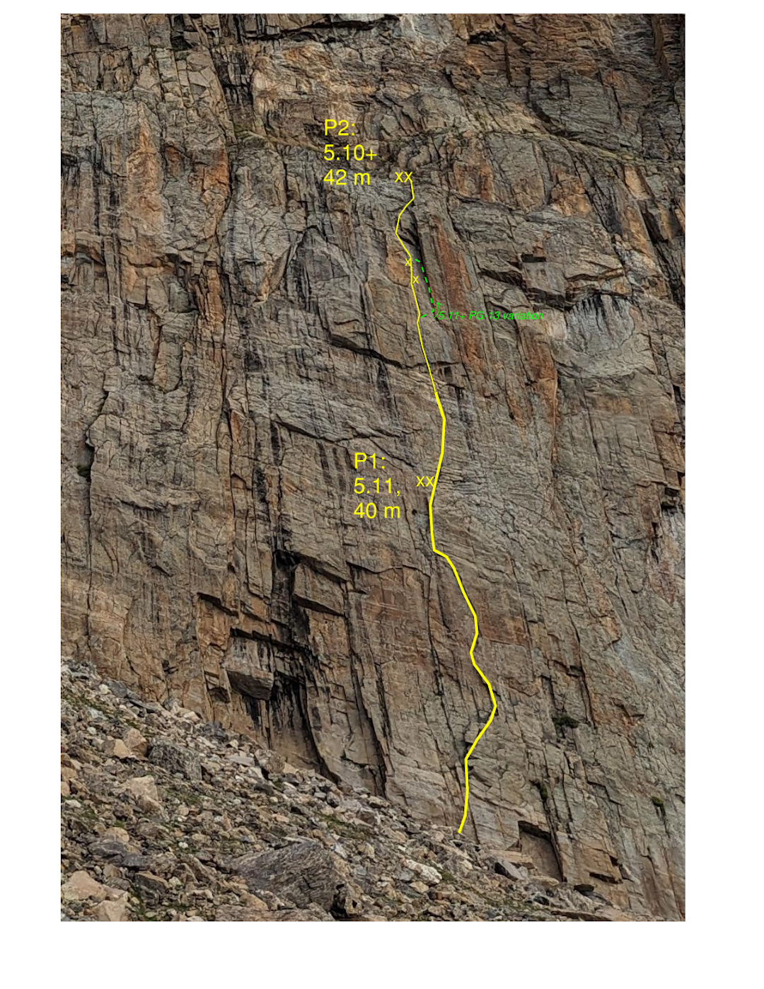 Photo-topo of Pika Kombat on Tower 4 of the Ptarmigan Towers. 
