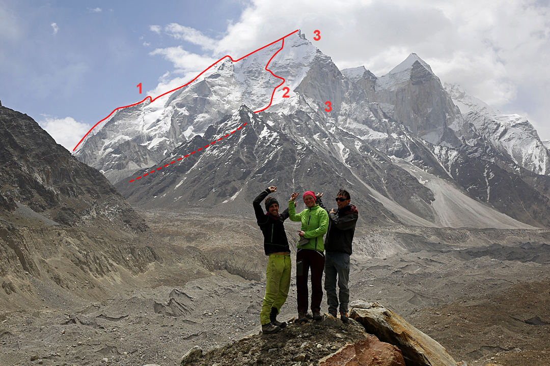 Bhagirathi II from the northwest with Bhagirathi III on the right. (1) Northeast ridge (2022), (2) North-northwest face (1,700m, 35 pitches, Maguire-Rea-Stelfox, 1981; Maguire was killed on the descent). (3) West face to west ridge (Raveschietto-Sarchi, with initial help from Bonapace, 1984). 